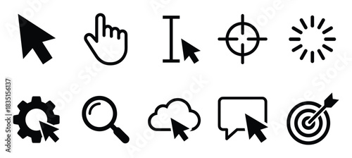 Mouse pointers and cursors icon set. Computer arrow, hand, text, target, loading, gear, search, cloud, chat, aim.