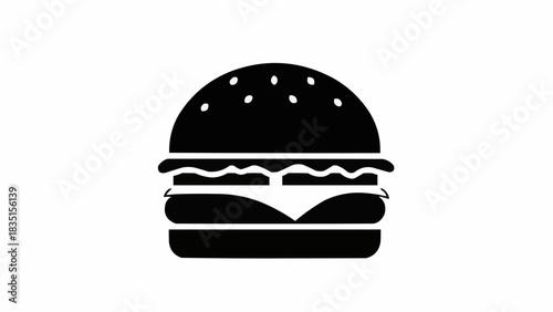 Black and White Burger Icon with Sesame Seeds on Bun.