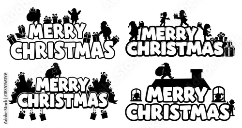 Set of four Merry Christmas typographic designs with Santa Claus and gifts silhouettes black and white vector