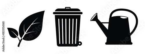 Nature and gardening icons set. leaves, trash can and watering can. environment friendly symbols.