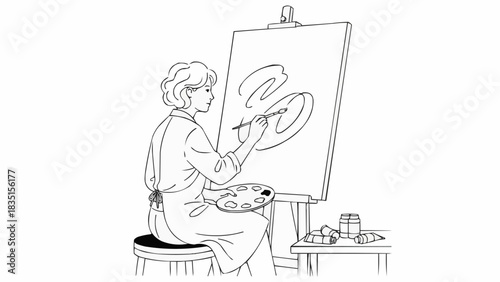 Artist painting on canvas with brush and palette.