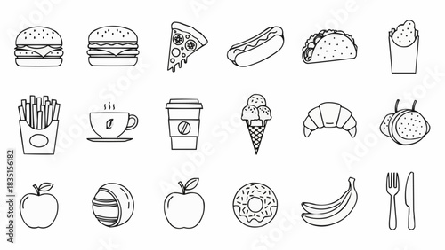 Collection of Food Icons - Burgers, Pizza, Hot Dogs, and More.