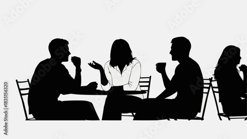 Silhouettes of people enjoying coffee and conversation at an outdoor cafe.
