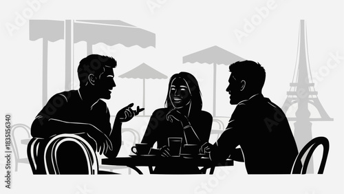 Three friends enjoying a lively conversation at an outdoor cafe.