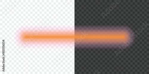 Neon orange glowing light beam on transparent and dark backgrounds. Shiny vector element with blur effect.