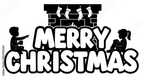 Merry Christmas typography with children silhouettes sitting by fireplace with stockings vector illustration