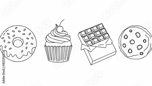 Sweet Treats - Donut, Cupcake, Chocolate Bar, and Cookie Line Art.