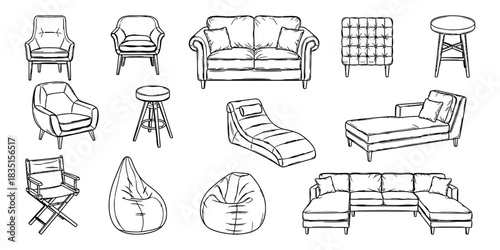 Furniture Collection Drawing Assortment. Sketch Seat, Sofa, Couch, Lounge, Chair, Armchair, Ottoman Stool, Beanbag, Sectional, Comfort, Home Decor, Outline Illustration.
