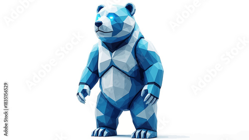 Futuristic low poly panda with glowing eyes stands tall against a bright white background