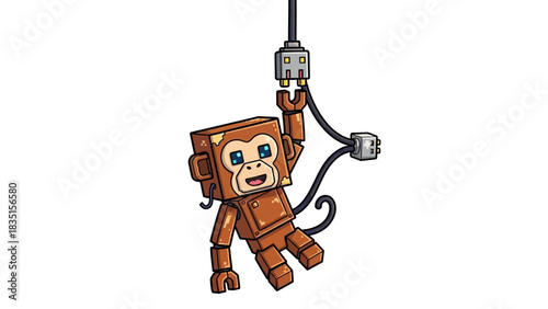 Adorable pixelated monkey swinging on a power cord, a charming cartoon character design