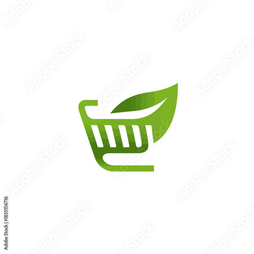 Green shopping cart with leaf icon for eco-friendly consumerism, organic food, sustainable market, and healthy lifestyle.
