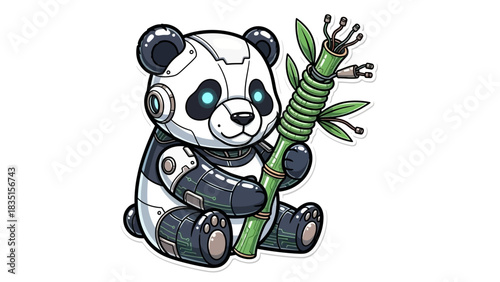 Adorable robot panda embraces bamboo with glowing eyes in a digital future world