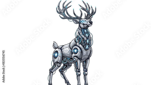Futuristic robotic deer with glowing lights, a modern symbol of nature and technology