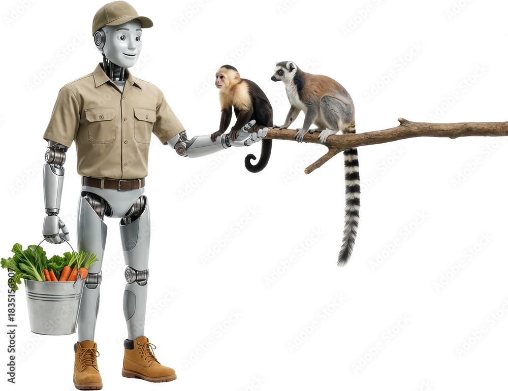 Fototapeta premium A humanoid robot in a safari uniform holds a bucket of vegetables offering food to a capuchin monkey and a ring tailed lemur perched on a branch Ringtailed lemur
