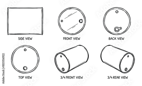 Oil barrel views set. Side front back top 3/4 front 3/4 rear hand drawn line art illustration.