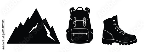 Outdoor activity symbols. Mountain, backpack, and hiking boot. Camping and trekking gear.