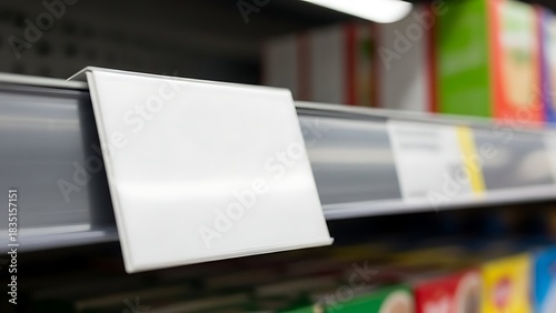 Empty white price tag sign on a retail store shelf with blurred products in background