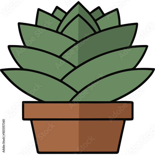 Stylized illustration of a green succulent plant in a terracotta pot with geometric leaf patterns and a simple flat design on a black background