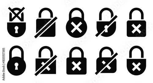 Padlock icons with crosses. Security and privacy symbols. Locked access indicators. Restricted and unauthorized graphic elements.