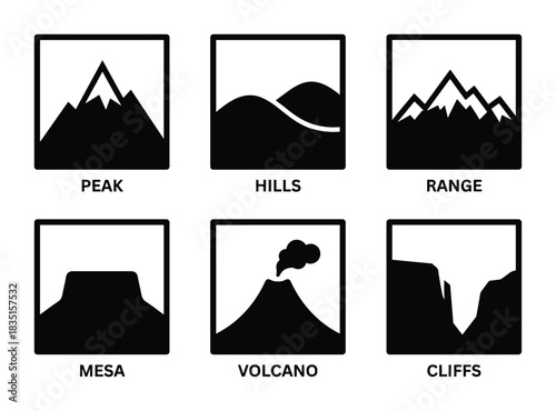 Peak, hills, range, mesa, volcano, and cliffs icons. Mountain landscape set for mapping and navigation.
