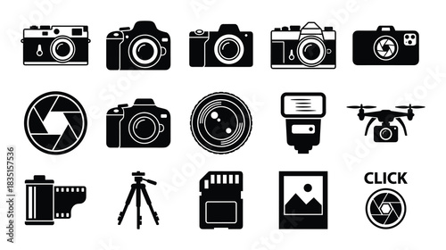 Photography equipment and camera black icons. Various cameras lenses and accessories vector set.