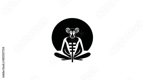 Minimalist graphic illustration of a stylized monkey meditating in a zen pose within a black circle. Spiritual primate art.