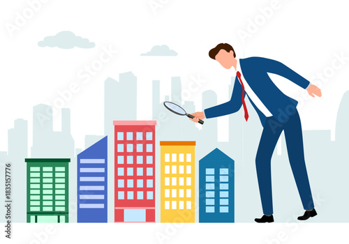Real estate market study, property research concept. Buyer, agent searching, looking for residential house, choosing home with magnifying glass. Flat vector illustration isolated on white background