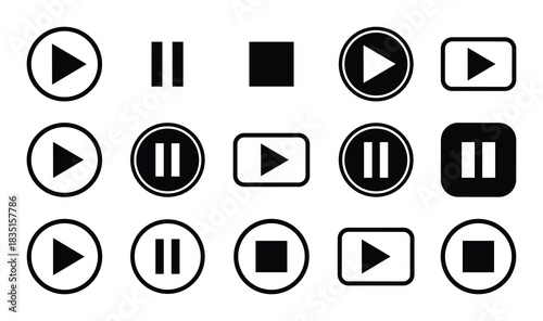 Play pause stop icons for media control, video, audio, start, and interface elements