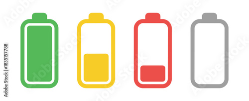 Power indicator symbols. Phone battery status icons. Energy level interface elements for devices.