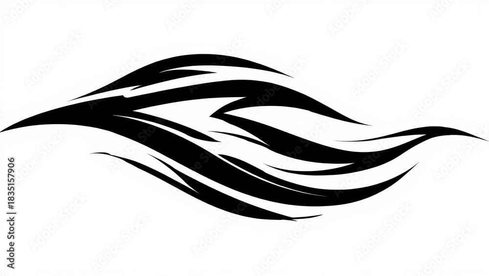 Fototapeta premium Racing Tattoo, Abstract flowing black ink brush strokes forming a dynamic wave or wing shape