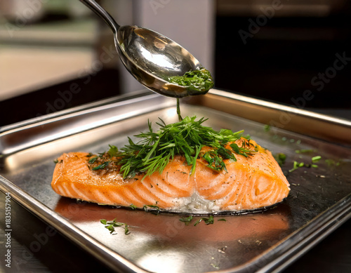 A piece of salmon is being served with a side of parsley