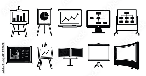 Presentation boards and screens. Charts diagrams and data. Financial growth and analysis. Business seminar.