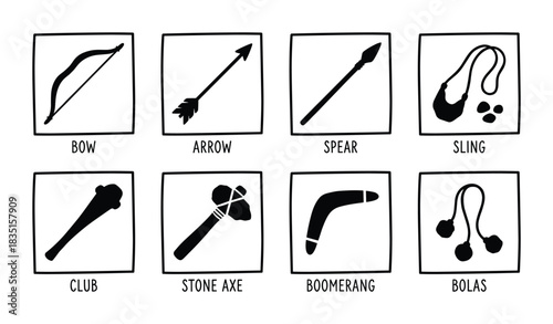Primitive weapon icons. Hunting tools. Bow arrow spear sling club stone axe boomerang and bolas symbols.