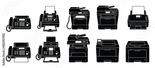 Printer and fax machine icons set. Office equipment technology. Document printing and sending.