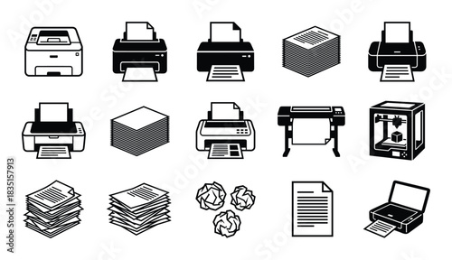 Printer icons and paper items. Stacks of paper, crumpled sheets, documents. Printing and office supplies.