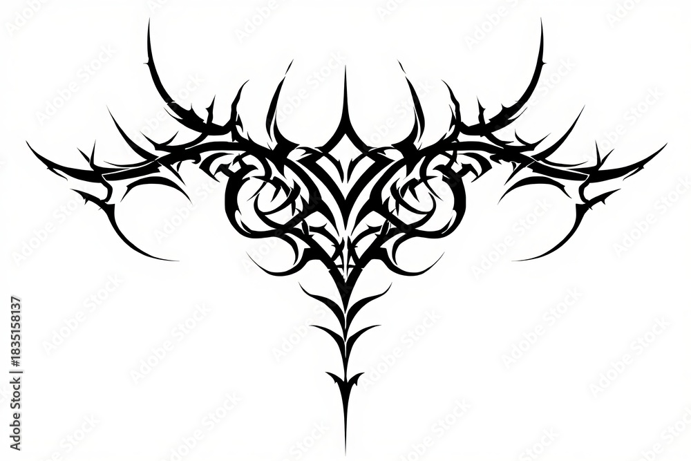 Fototapeta premium Aggressive racing tattoo, Intricate black tribal tattoo design with sharp edges and swirling elements