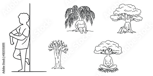 Abstract Tree Figures Line Art: Surreal and Symbolic Tree, Person Illustrations for Conceptual Art, Design Projects, and Unique Visuals elements. 
