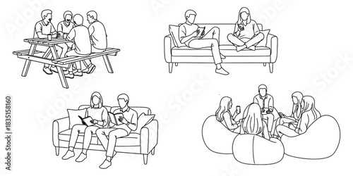 Linear Crowd Illustrations. Collection People Gathering, Socializing Seating, Together on Picnic Bench Relaxing, Sofa Beanbag, Chairs, Enjoying Companionship elements. 