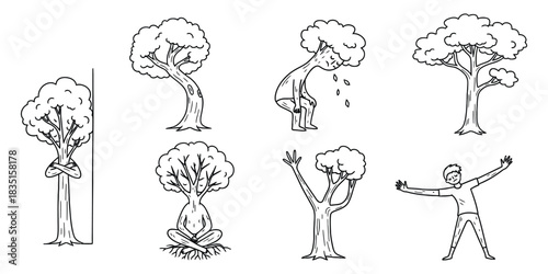 Linear Tree Illustrations Collection Showing Anthropomorphic Trees Expressing Emotions in Poses. Humanoid Plant Character Collection: Standing, Meditating, Weeping, and Greeting elements. 