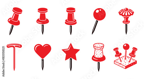 Red pushpins tacks and thumbtacks. Office and stationery supplies. Memo board and noticeboard items.