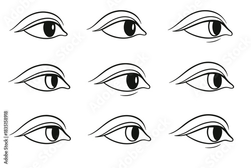 A reference chart showing variations of anime/manga-style eyes. Different eye styles, in black and white line art.