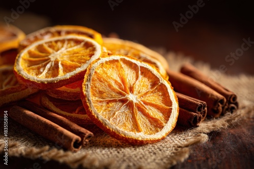 Slices of dried oranges and cinnamon sticks arranged on a dark textured wooden surface