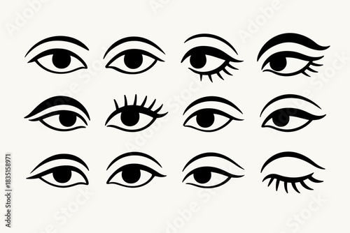 12 different stylized black-and-white drawings of women's eyes. Each pair of eyes has its own unique design – different shapes of eyelids, eyelashes, eyeliner, and expression.