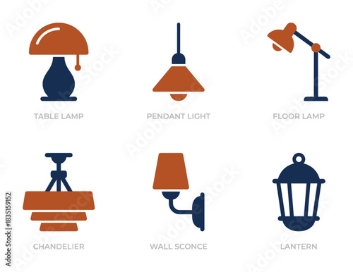 Set of lighting fixtures. Table lamp, pendant light, floor lamp, chandelier, wall sconce, and lantern.