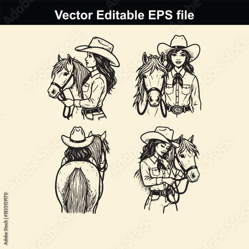 collection of four vector editable eps file illustrations depicting cowgirls wearing cowboy hats posing with their horses in various portrait styles