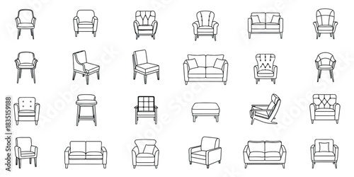 Ink Drawing Style Sofa Chair Armchair Furniture Set Outline Icon Symbol Pictogram Home Interior Line Art Black And White Vector Illustration Isolated On Transparent BG.