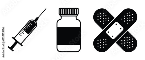 Set of medical symbols. syringe, bottle of pills and crossed band aids. healthcare objects.