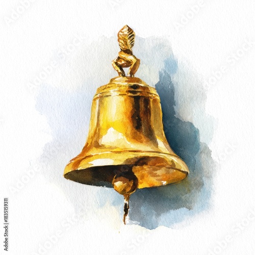 Watercolor New Year's illustration, a golden New Year's bell on a white background. AI generative.