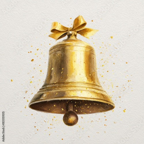 Watercolor New Year's illustration, a golden New Year's bell on a white background. AI generative.