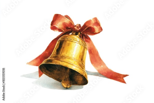 Watercolor New Year's illustration, a golden New Year's bell on a white background. AI generative.